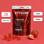 FitGum Créatine 3000 mg – gummies sans sucre, halal, vegan (fond rouge)