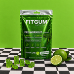 Fitgum Pre-Workout Gummies Venom Lime sur fond vert citron et damier