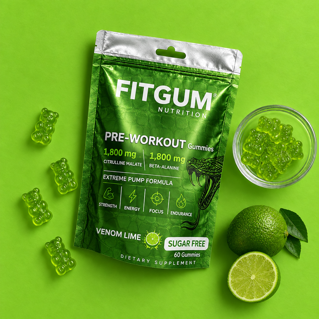 Fitgum Pre-Workout Gummies Venom Lime 60 gummies, sans sucre, vegan, halal